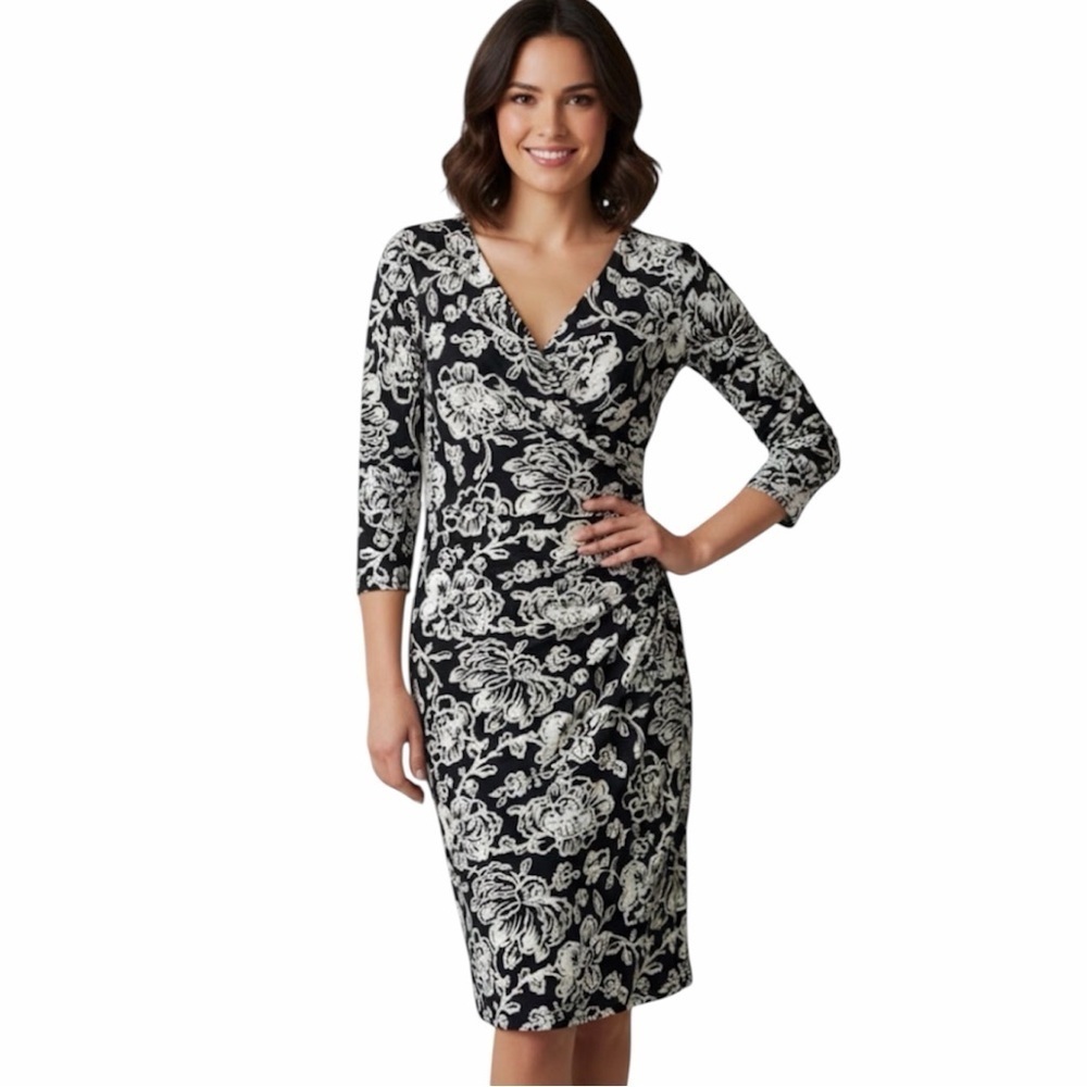 LAUREN RALPH Floral Jersey V Neck 3/4 Sleeve Faux Wrap Midi Dress Size 6